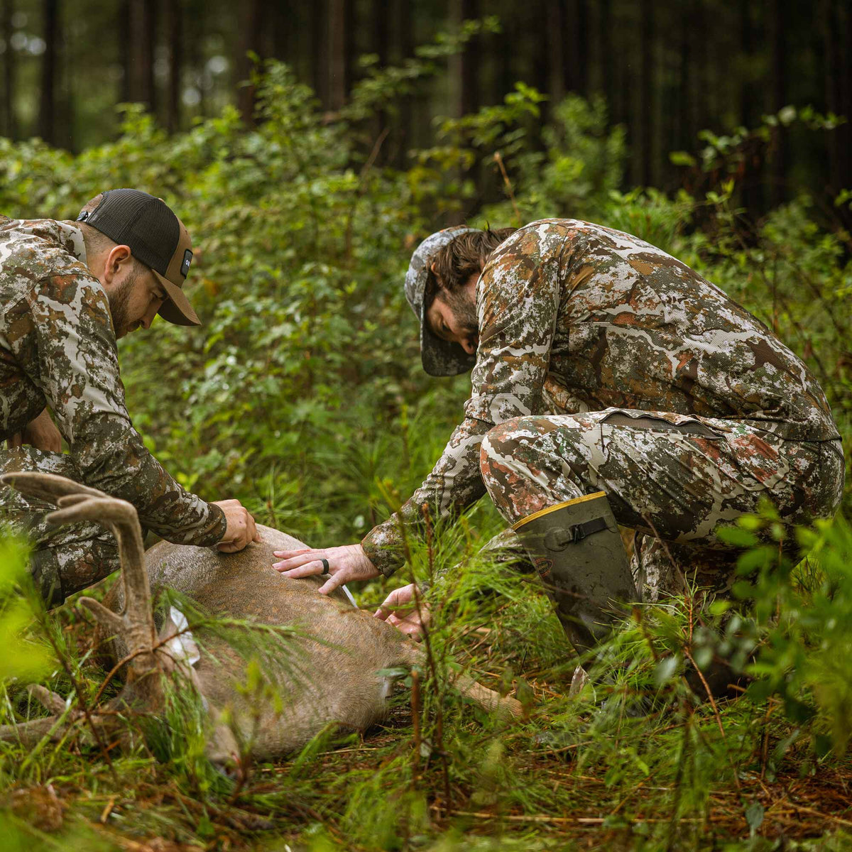 Two men wear multi-color camouflage hunting apparel with a mesh-like texture and zippered leg vents while field dressing a deer in a forest.