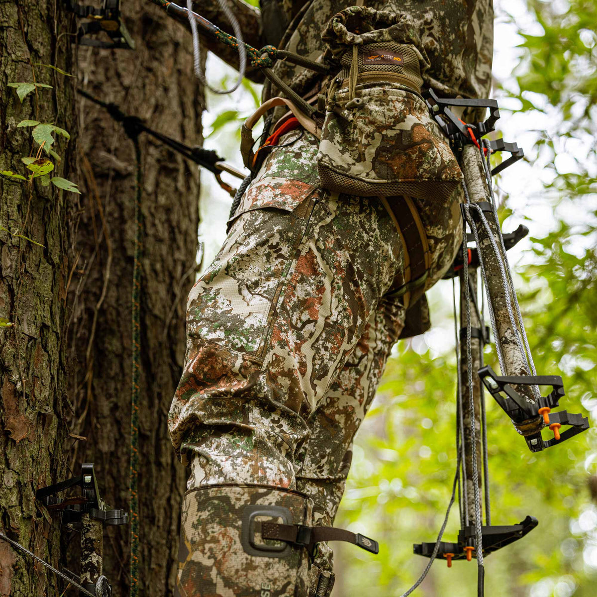 A person in multi-toned camouflage clothing climbs a tree with a harness, a "TETHERED" pouch, and black climbing sticks featuring orange accents.