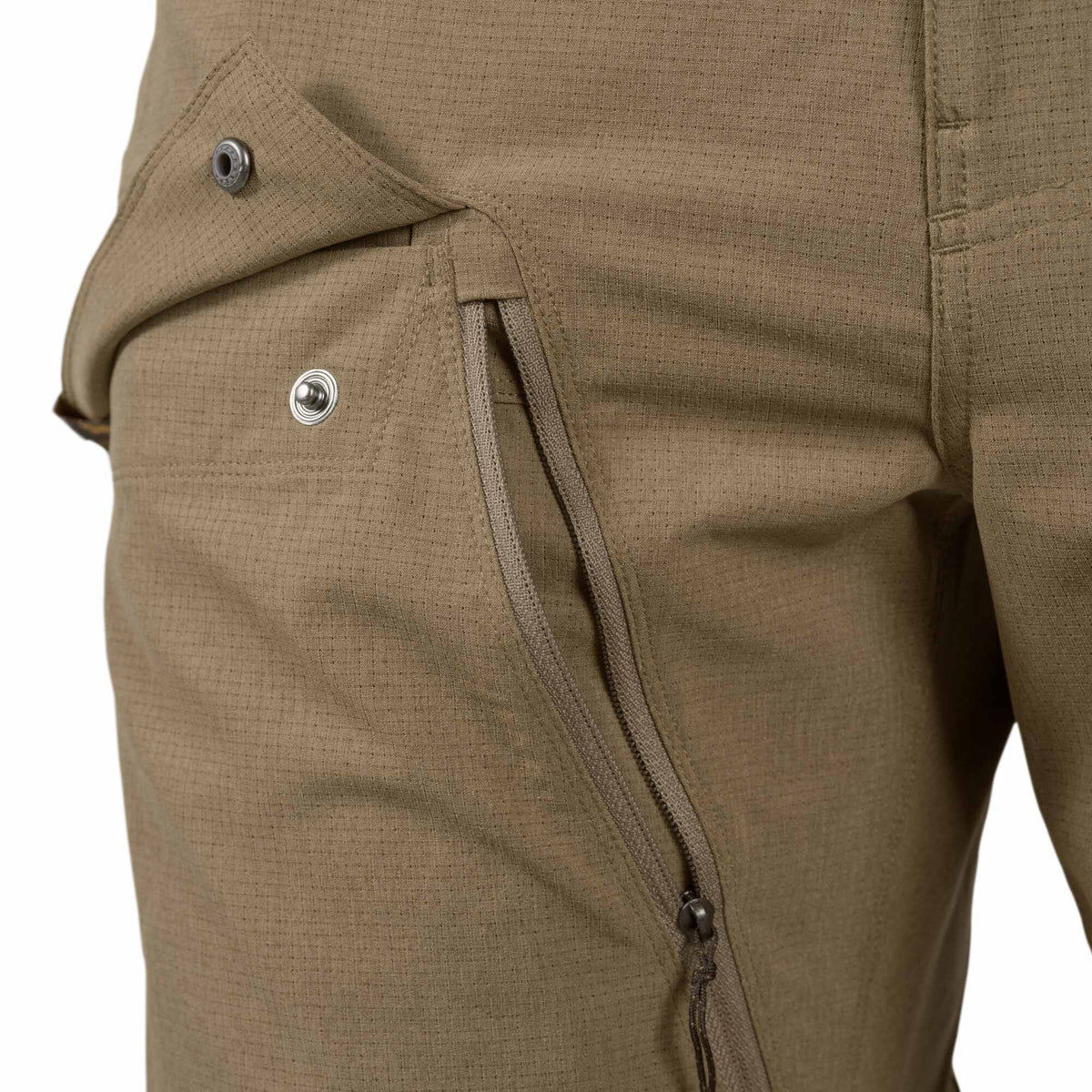 Olive green pants featuring a snap closure, a partially open vertical zippered pocket, and a subtly perforated fabric texture.