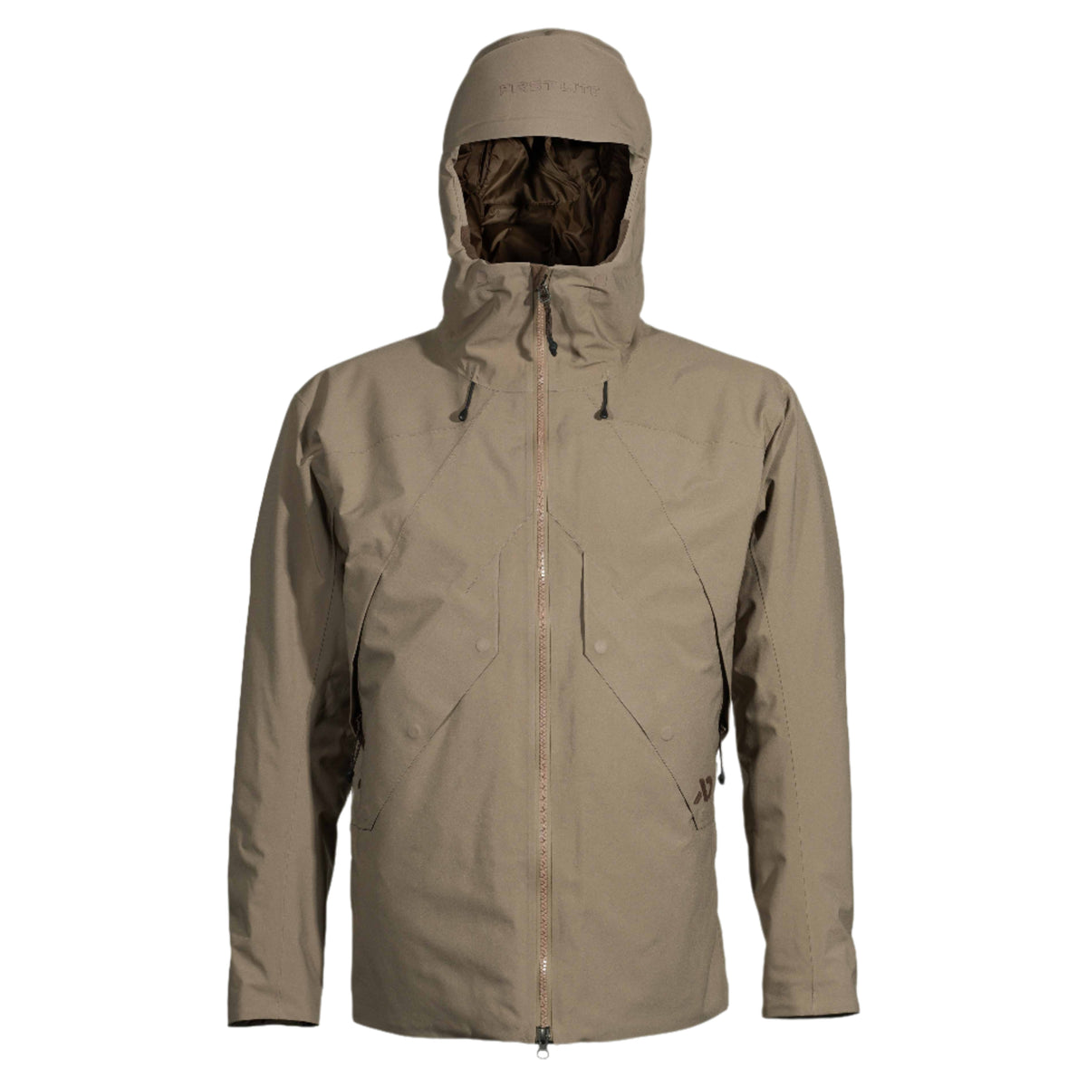 Khaki full-zip hooded jacket with 'FIRST LITE' logo on hood and two angular chest pockets.