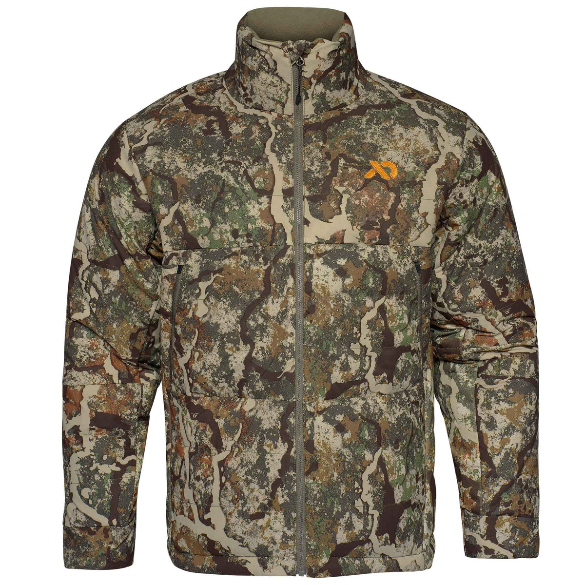 Camo jacket with high neck and an orange FIRST LITE logo on the left chest.