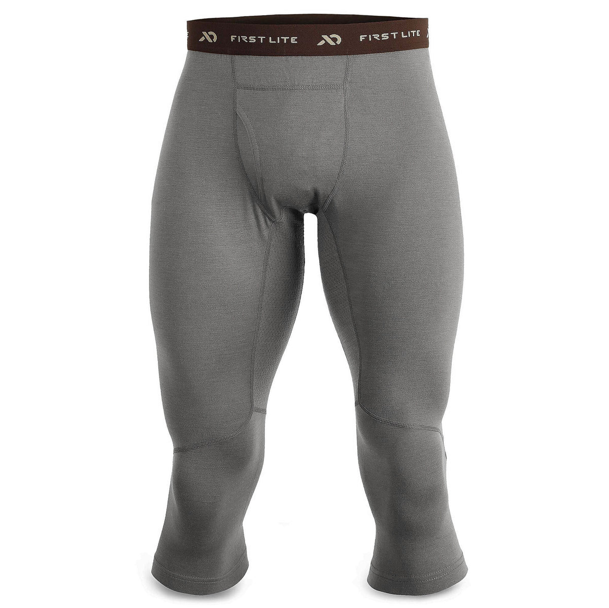 Grey 3/4 length thermal base layer leggings with a brown First Lite logo waistband.