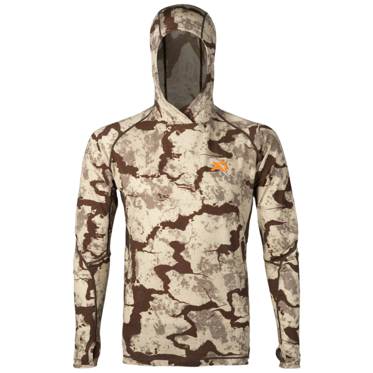Long-sleeve hooded base layer shirt in brown and tan camouflage with an orange logo on the chest and thumb loops.