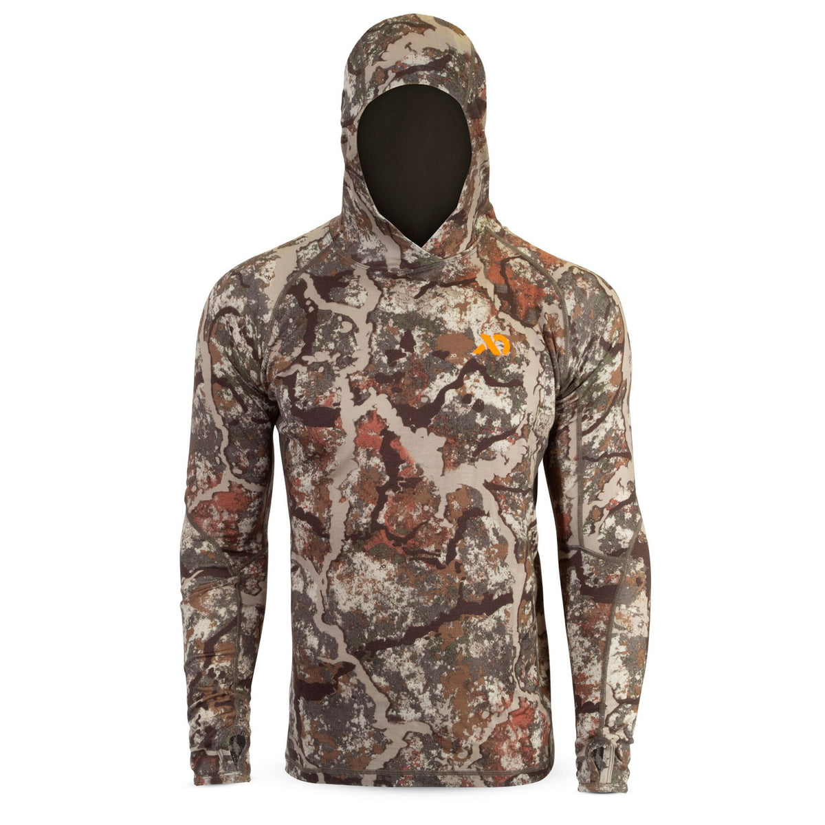 Long-sleeve hooded hunting shirt in tan, brown, and green camouflage, featuring an integrated balaclava, thumbholes, and an orange chest logo.