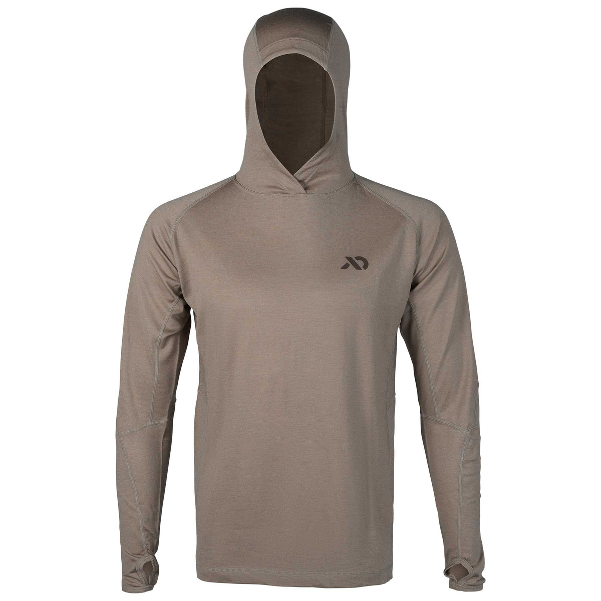 Walnut long-sleeve hooded shirt with raglan sleeves, thumbholes, and a dark grey logo on the chest.