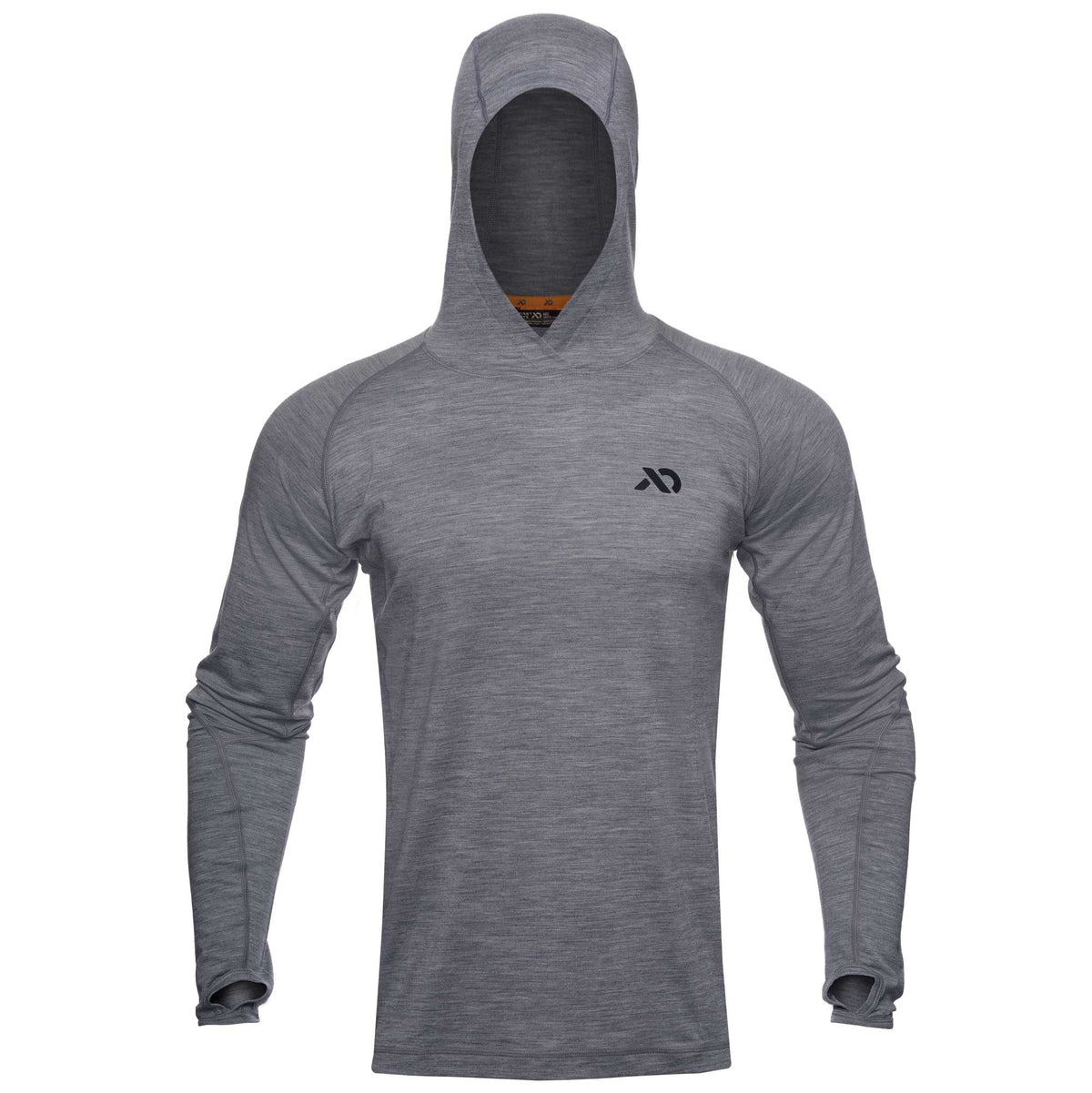 Grey long-sleeve hooded base layer shirt with thumbholes and a black logo on the left chest.
