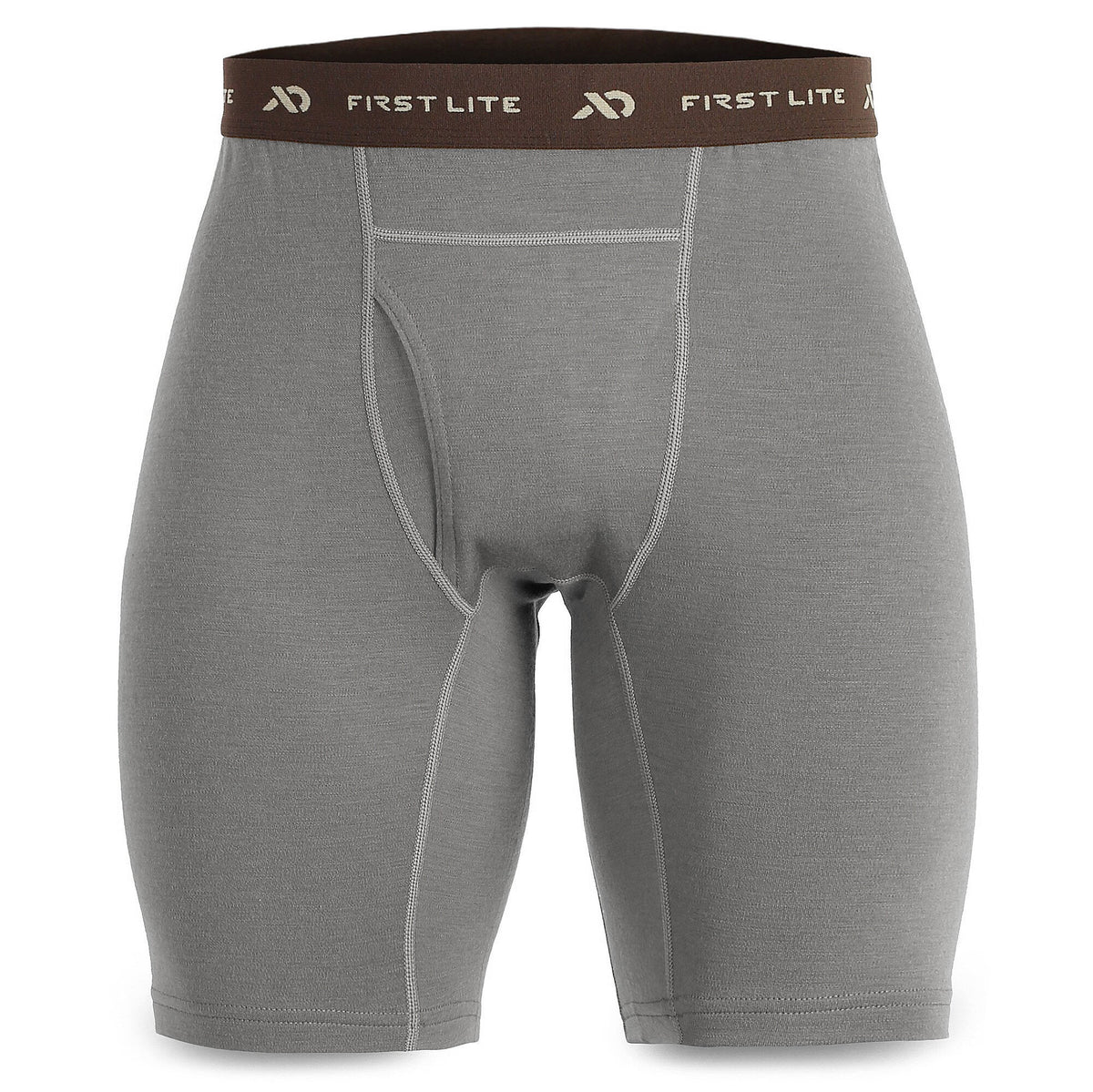 Men's gray First Lite boxer briefs with a brown logoed waistband, fly opening, and visible stitching.