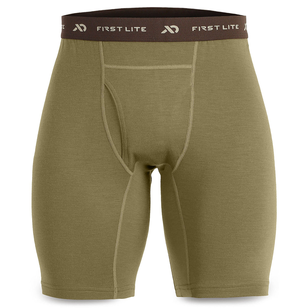 Olive green long boxer briefs with a brown FIRST LITE branded waistband and a front fly.