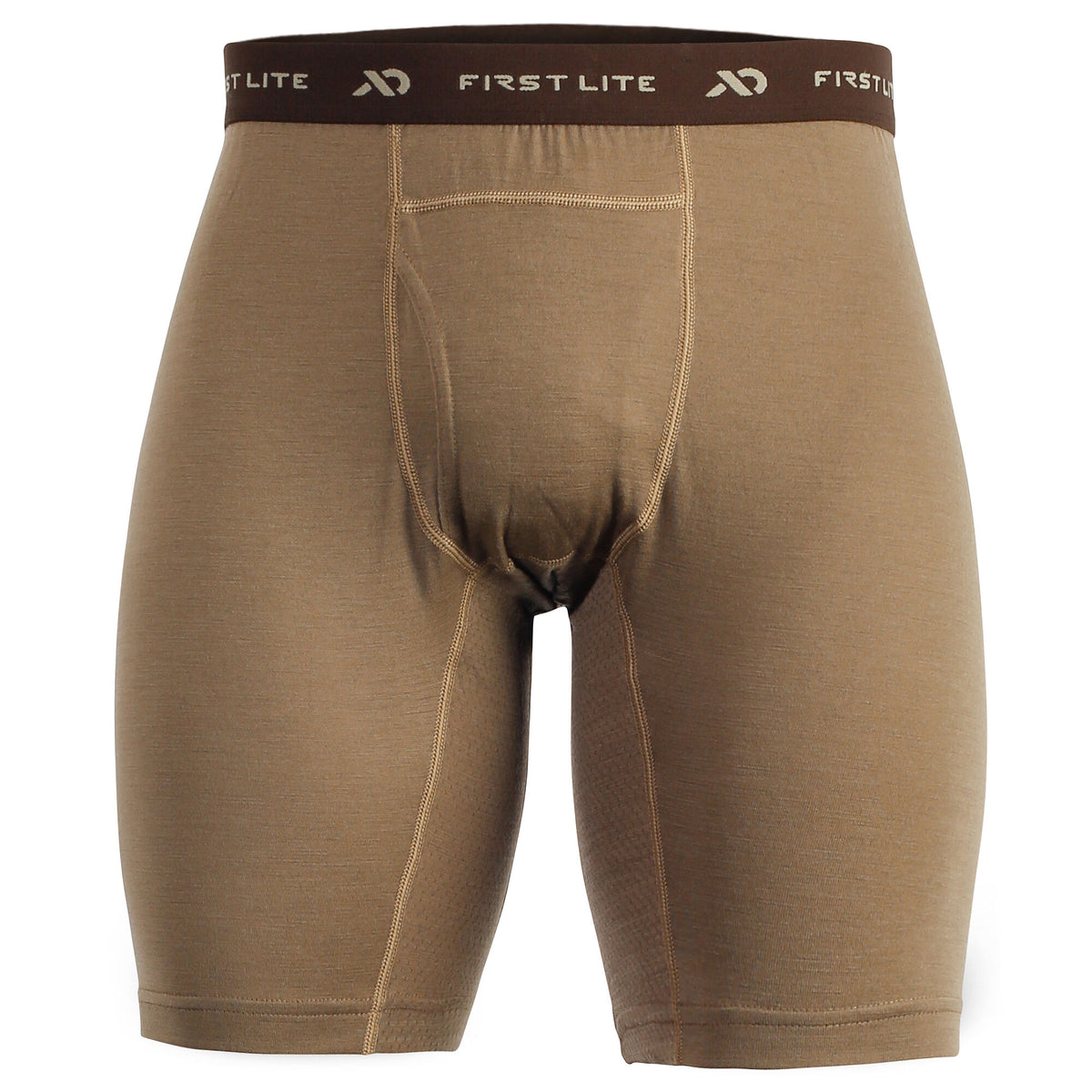Tan men's boxer briefs with a dark brown "FIRST LITE" logo waistband and a visible fly.