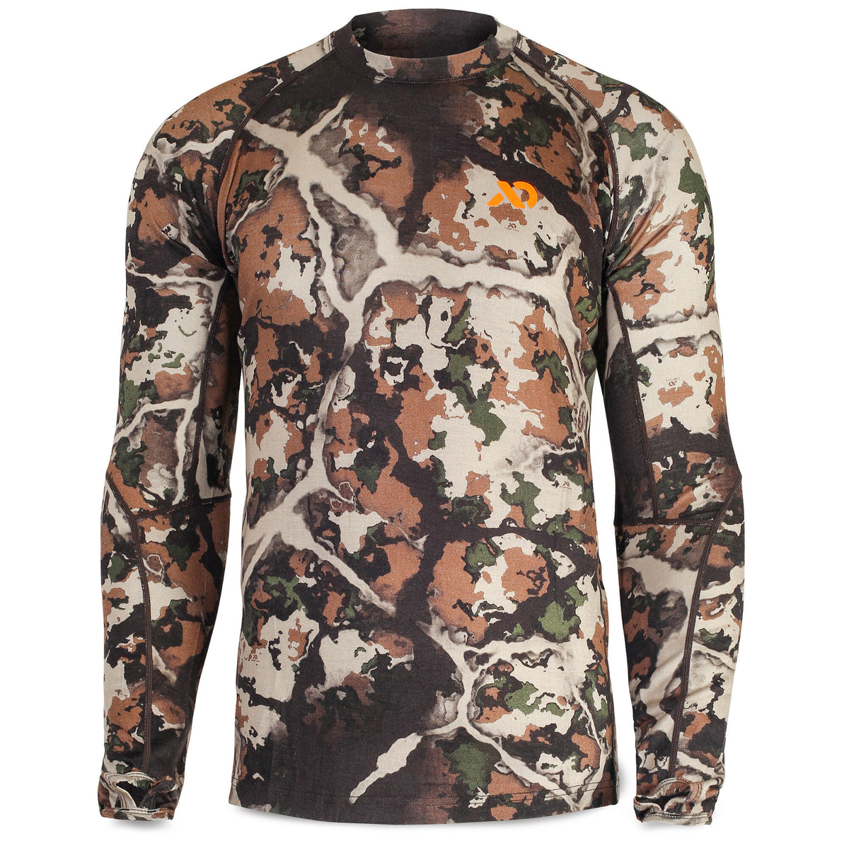 Long-sleeve shirt in brown, green, and tan tree-like camouflage pattern with an orange chest logo and thumbholes.