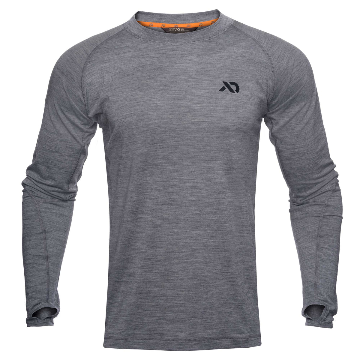 Gray long-sleeve athletic shirt with raglan sleeves, flatlock seams, thumbholes, and a black logo on the chest.