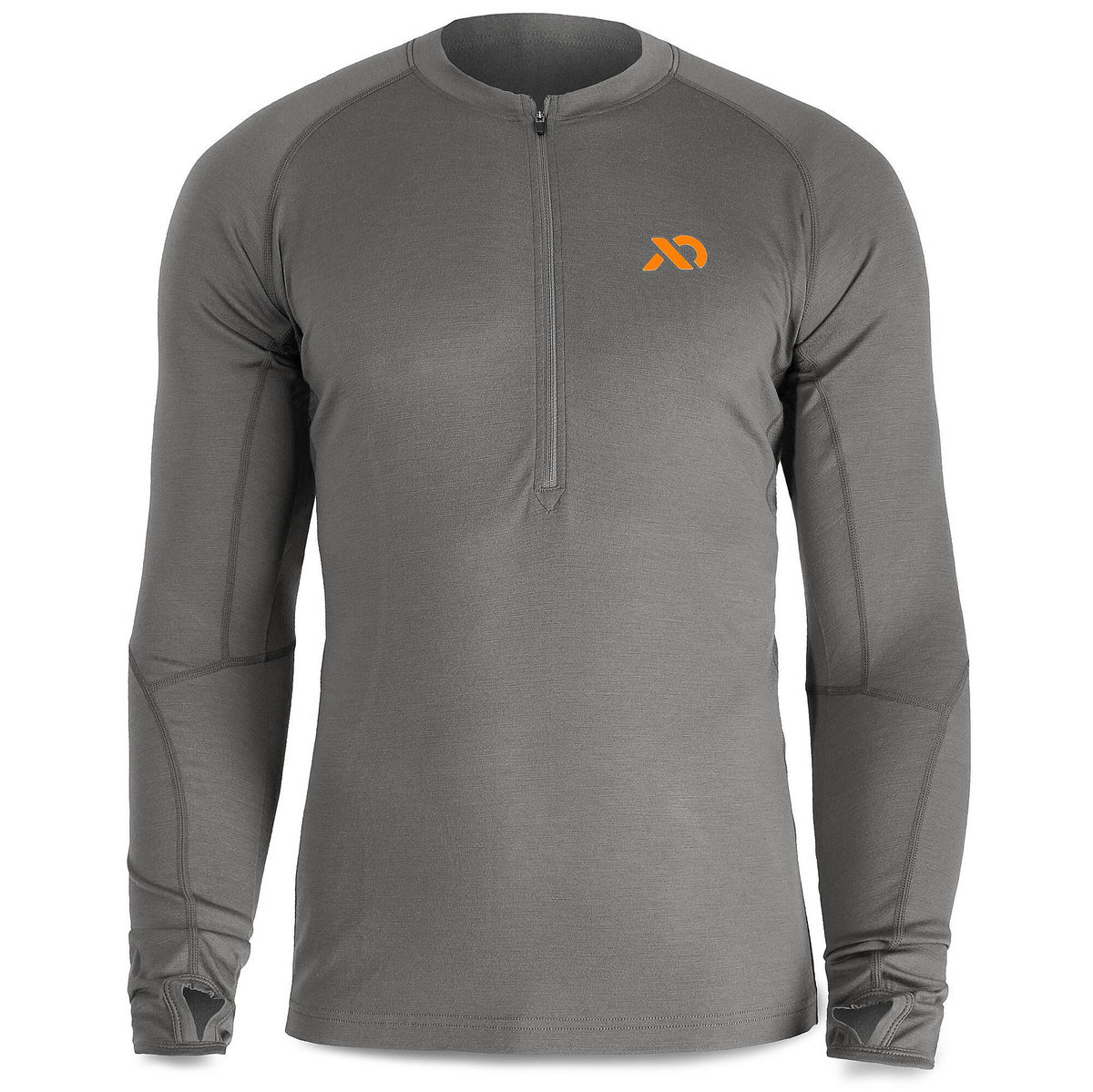 Dark gray long-sleeve quarter-zip shirt with an orange logo, flatlock seams, and thumbholes.