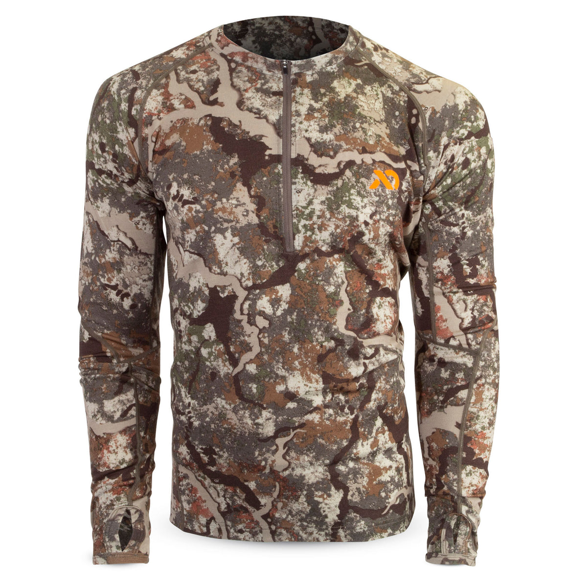 Long-sleeve quarter-zip shirt in a brown, tan, and green camouflage pattern with thumbholes and an orange logo on the left chest.