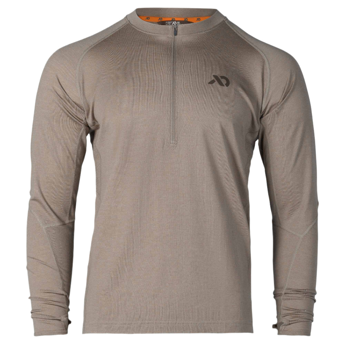 Walnut long-sleeve top with a 1/4 zip collar, raglan sleeves, flatlock seams, thumb loops, and a dark stylized logo on the left chest.