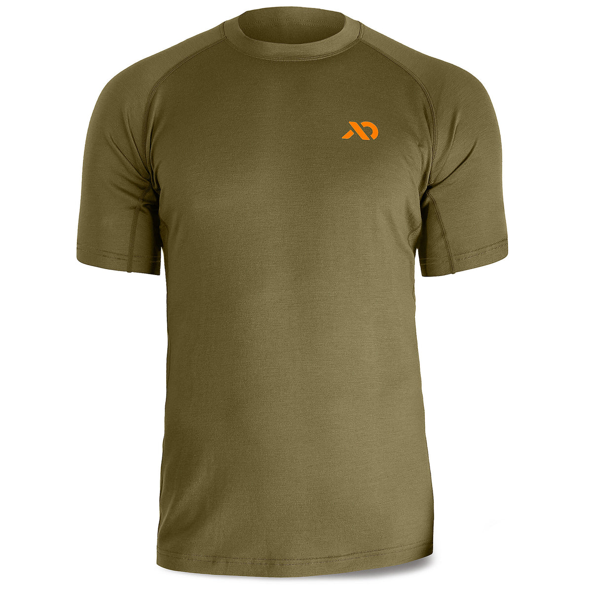 Olive green short-sleeve crew neck t-shirt with raglan sleeves and an orange logo on the left chest.