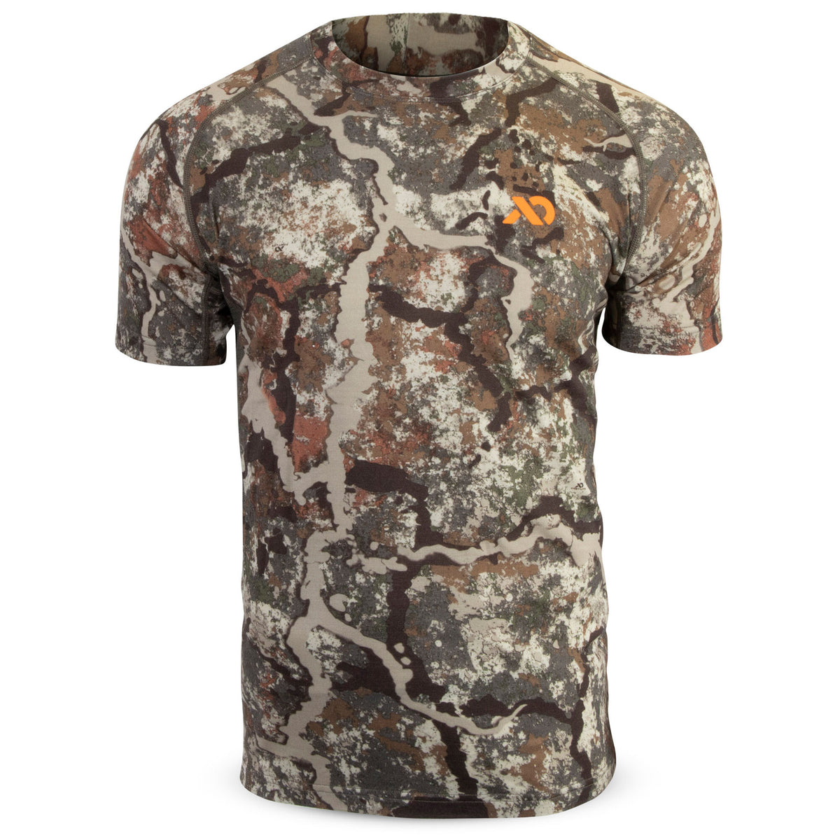 Dark green, browns, and tan camouflage short-sleeve t-shirt with an orange logo on the left chest.