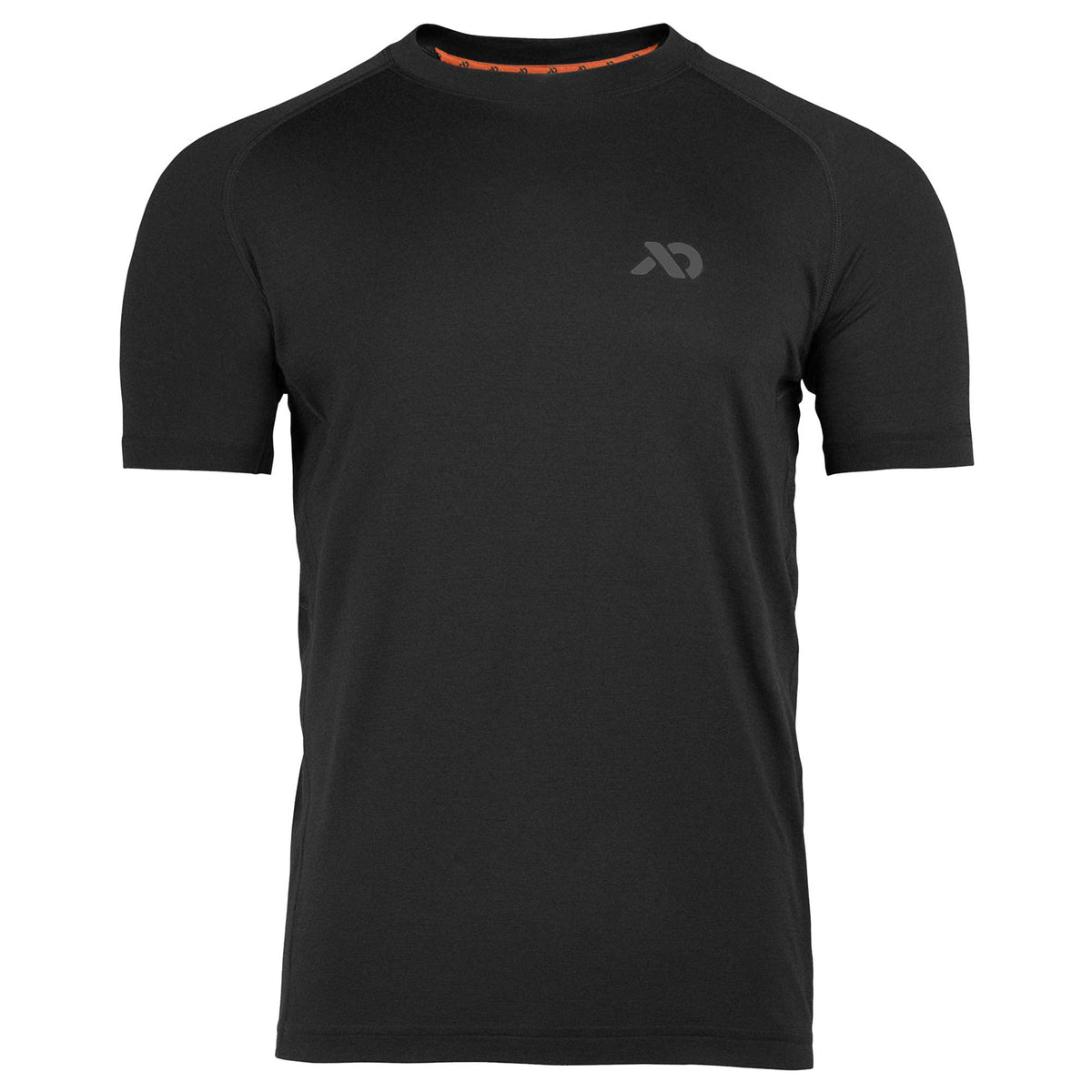 Black short-sleeve t-shirt with raglan sleeves, a dark gray chest logo, and an orange inner collar trim.
