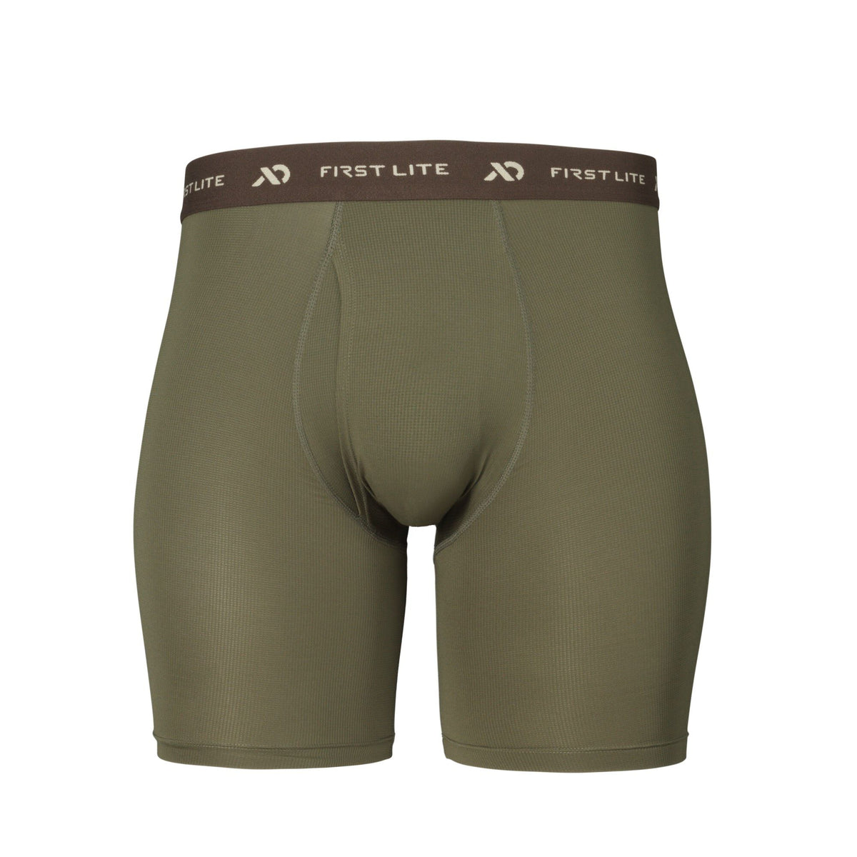 Olive green boxer briefs with a ribbed texture and a dark brown waistband featuring the white 'FIRST LITE' logo.