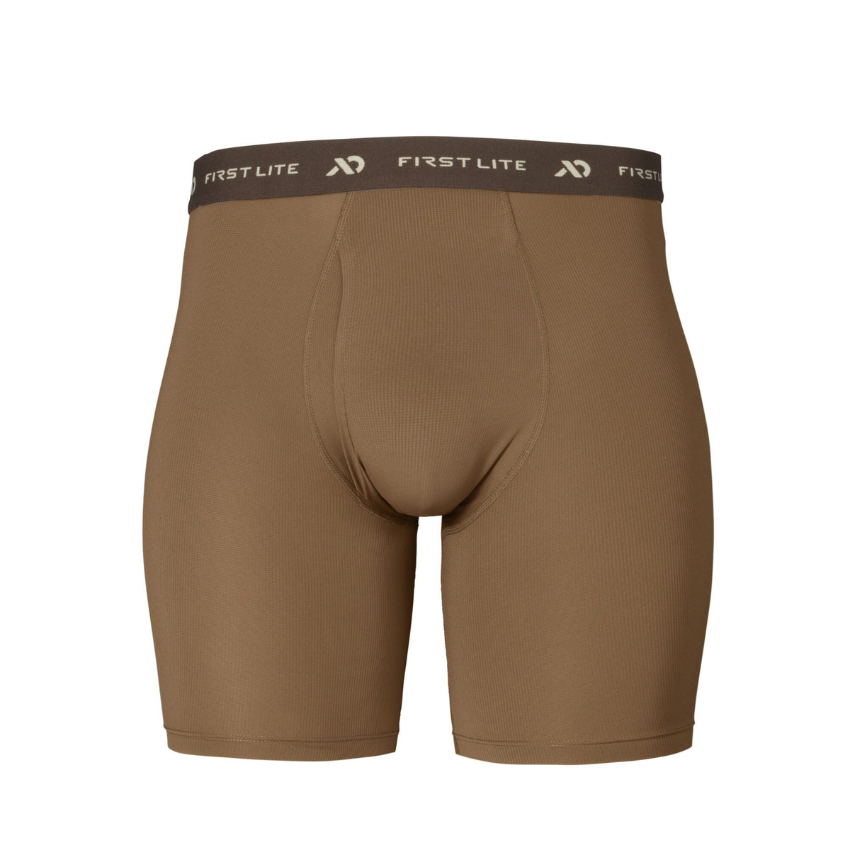 Brown men's ribbed boxer briefs with a contoured fly and a dark brown 'FIRST LITE' branded elastic waistband.