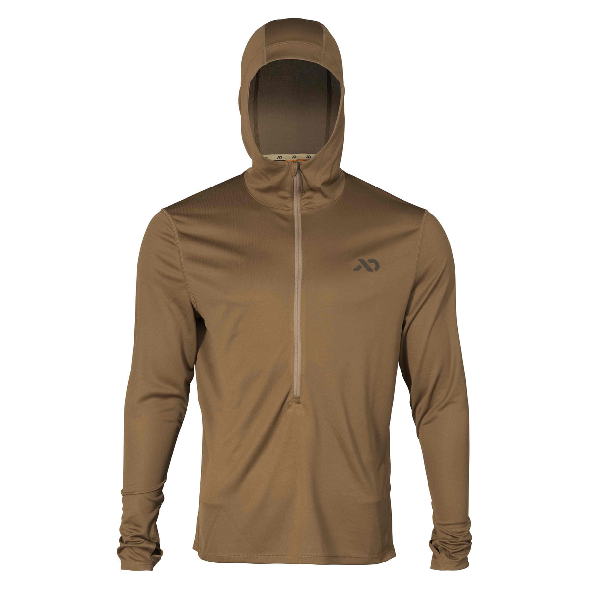 Dry Earth hooded long-sleeve quarter-zip shirt featuring a left chest logo and thumbholes.