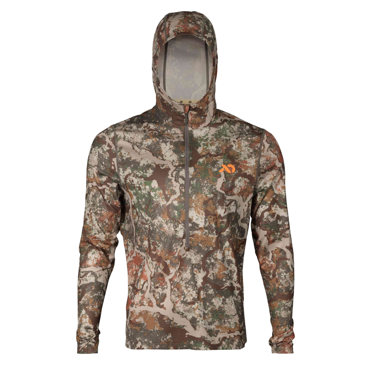 Hooded long-sleeve performance shirt in a brown, green, and tan camouflage pattern with a quarter-zip and orange chest logo.
