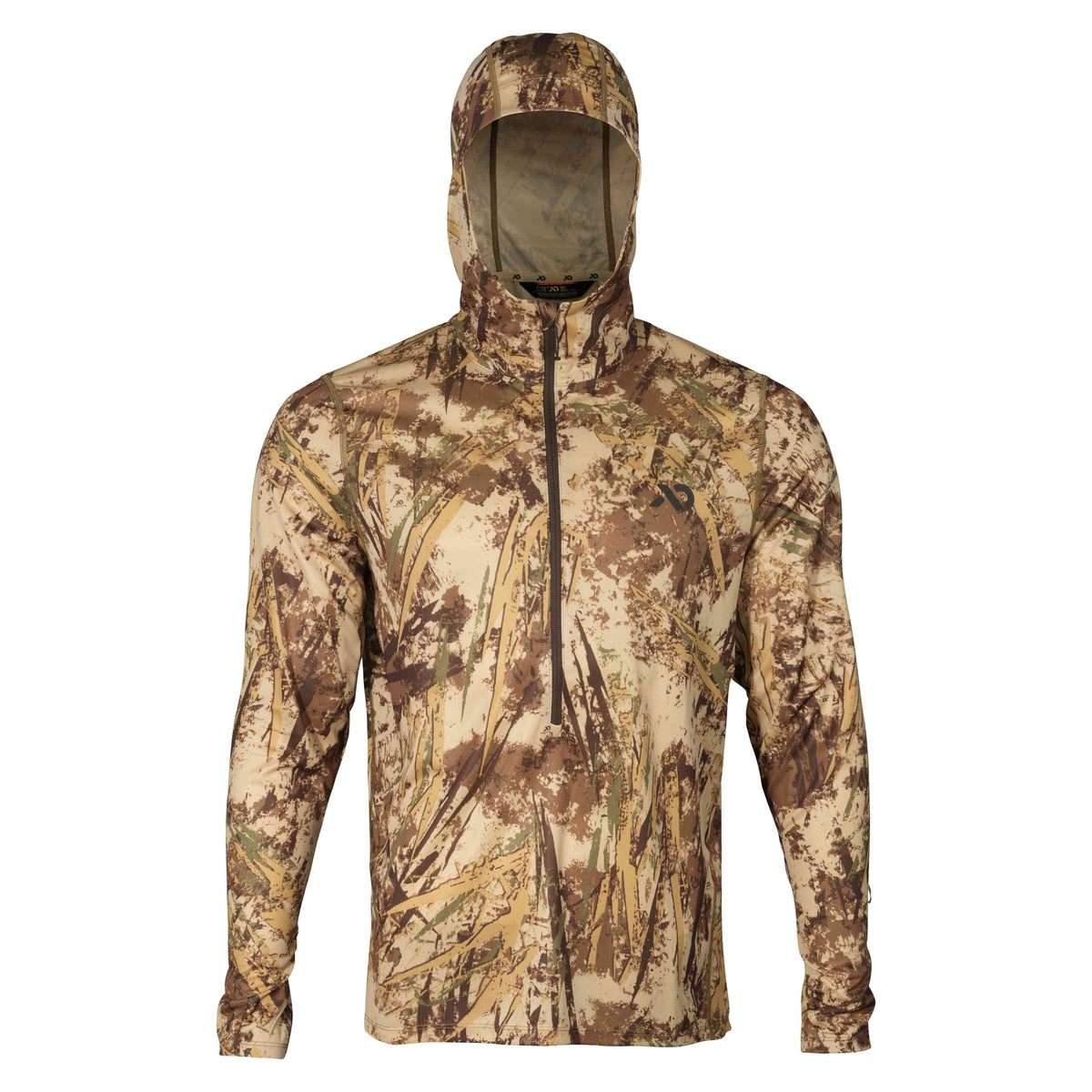 A hooded long-sleeve top in brown, tan, and green camouflage with a quarter-zip front and a chest logo.