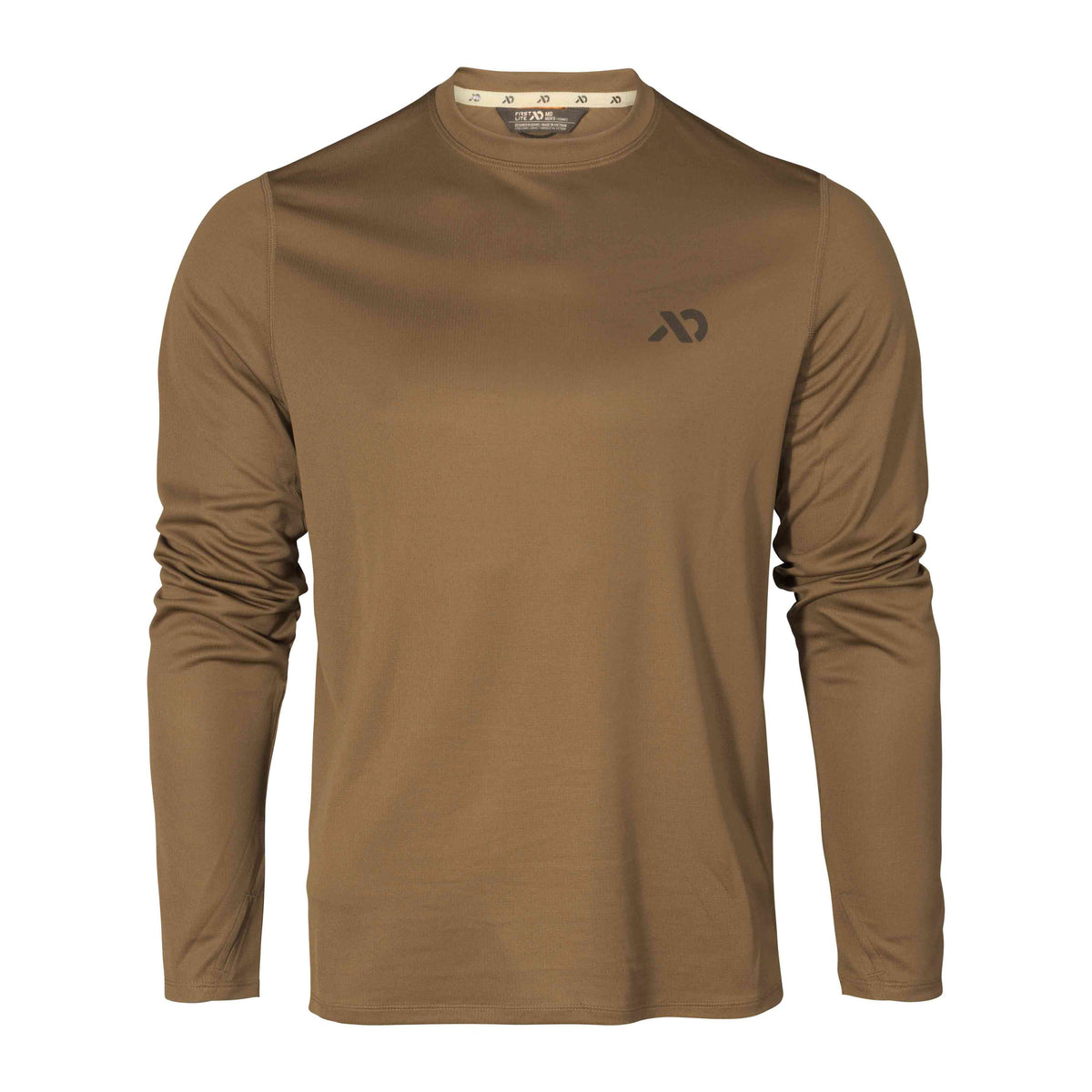 Coyote brown long-sleeve crew neck shirt with a dark brand logo on the left chest and a visible neck tag.