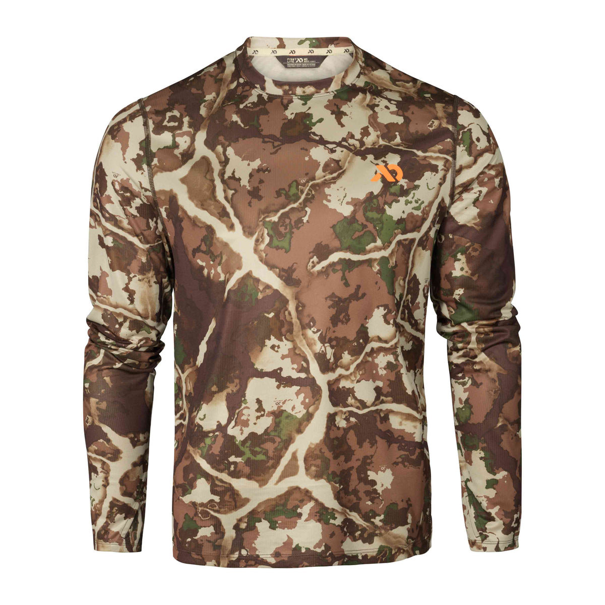 Long-sleeve shirt in brown, beige, and green camouflage with an orange logo on the left chest.