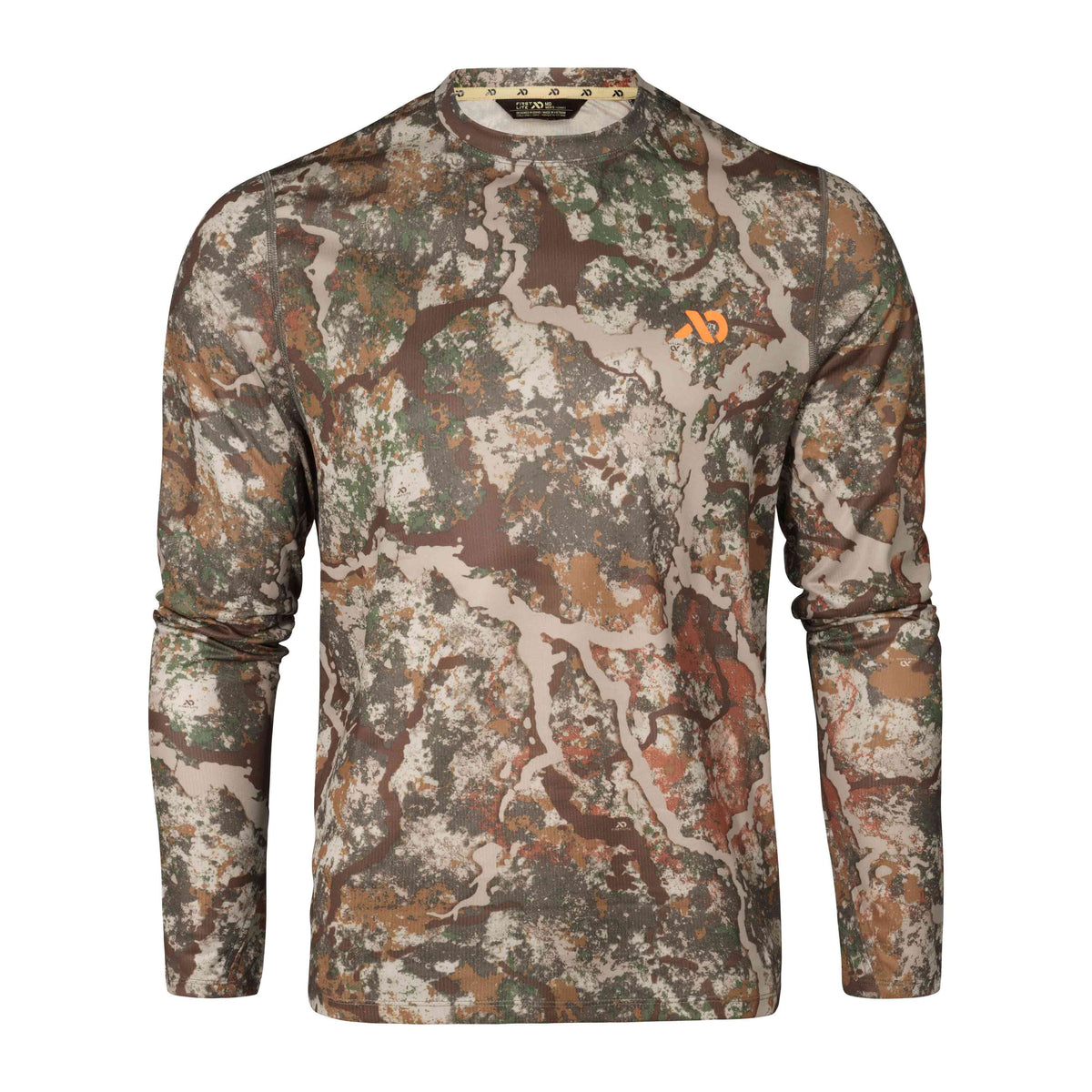 A long-sleeve shirt in multi-tone brown, green, and tan camouflage with an orange logo on the left chest.
