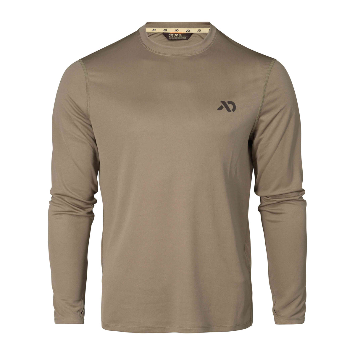 A men's walnut long-sleeve crew neck performance shirt with a dark stylized logo on the left chest and visible flatlock seams.