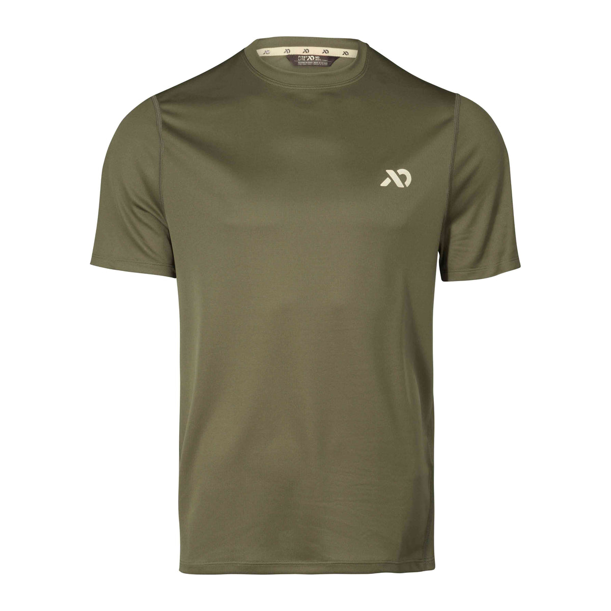 Olive green short-sleeve crew neck t-shirt with a light logo on the left chest and visible flatlock seams.