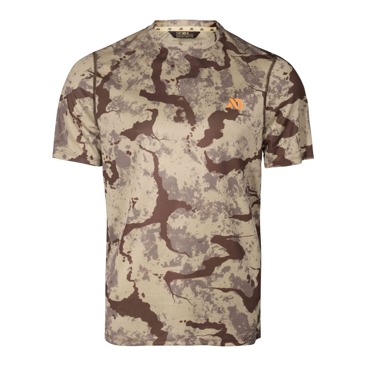 A short-sleeved crewneck t-shirt in a tan, brown, and grey camouflage pattern with an orange logo on the chest.