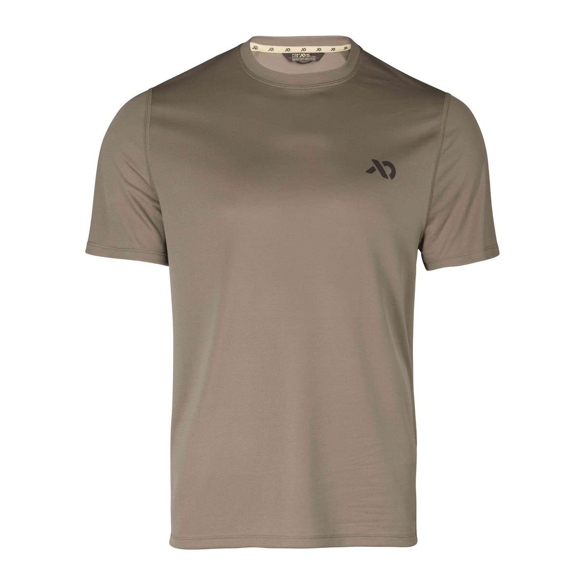 Olive green short-sleeve t-shirt with a crew neck and a dark logo on the left chest.