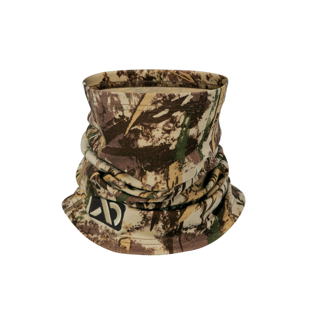 Camouflage neck gaiter in shades of brown, green, and tan, with a black and beige logo near the bottom.