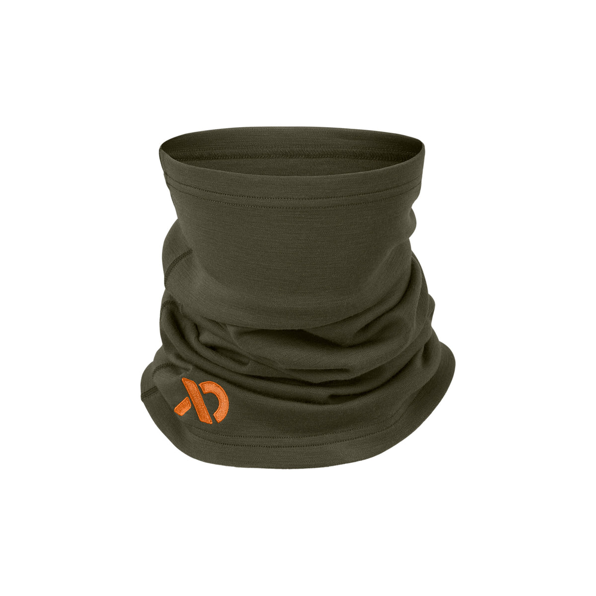 Dark olive green neck gaiter with an orange embroidered stylized logo on the lower front.