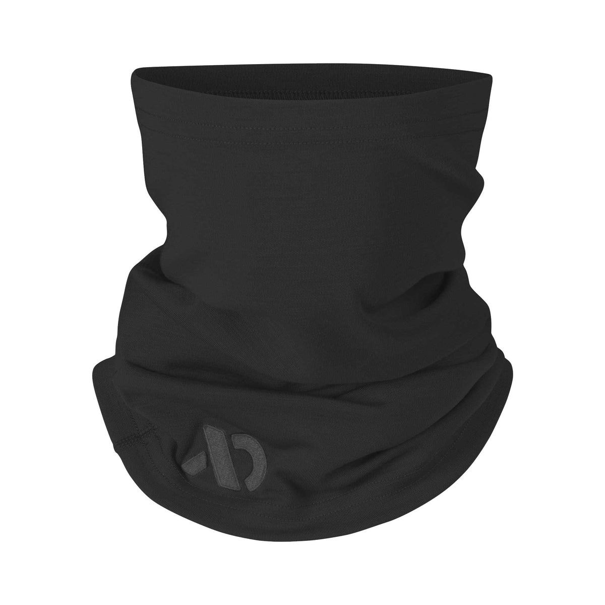 Black neck gaiter with a subtle tone-on-tone stylized 'AD' logo on the front bottom.
