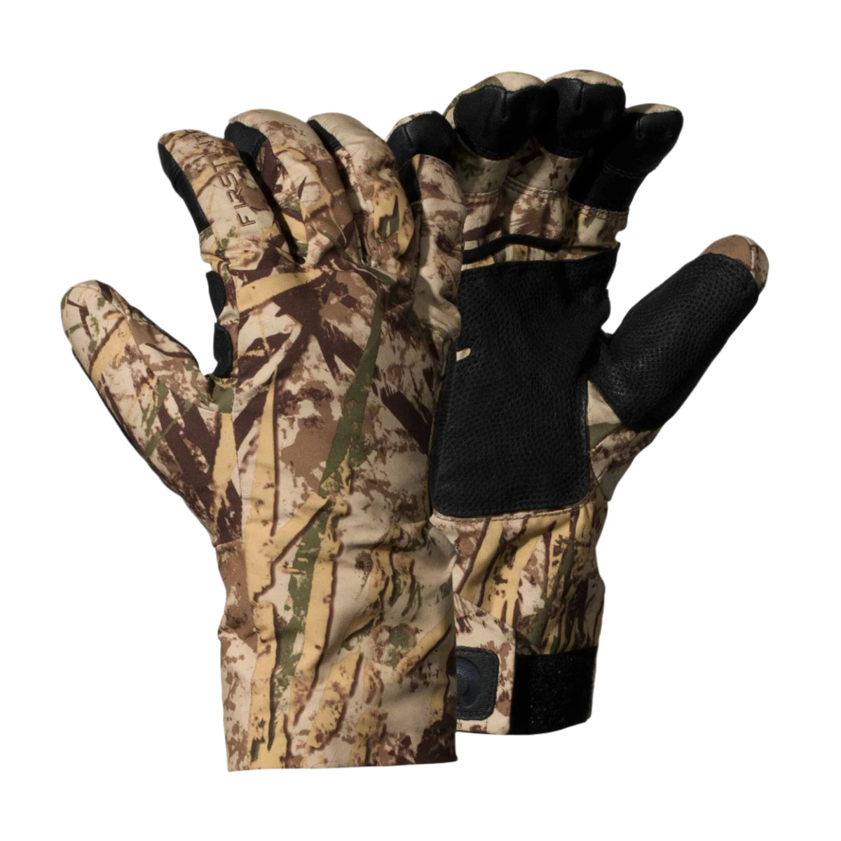 A pair of desert camouflage gloves featuring black textured palms, reinforced knuckles, and adjustable wrist straps.