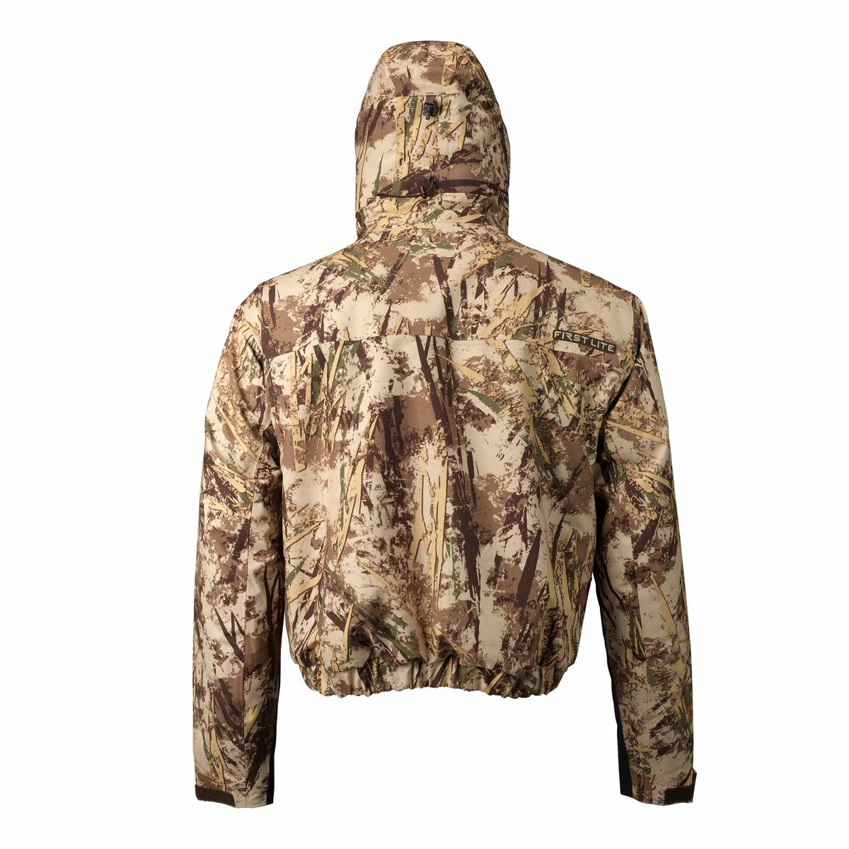 Rear view of a hooded camouflage jacket with an elasticated hem and 'FIRSTLITE' logo on the back.