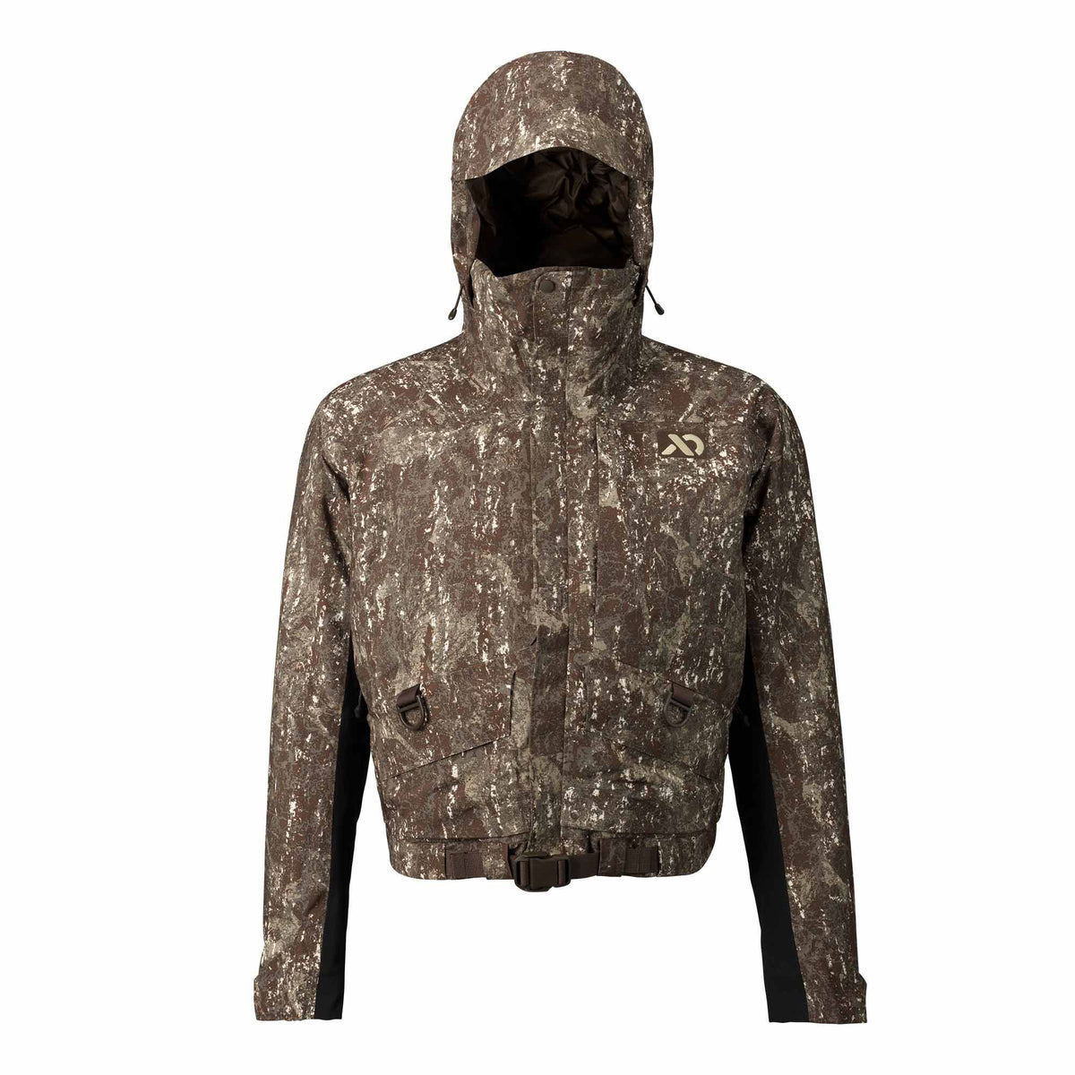 Hooded jacket in brown and tan camouflage with black underarm panels, two chest flap pockets with D-rings, and an adjustable waist belt.