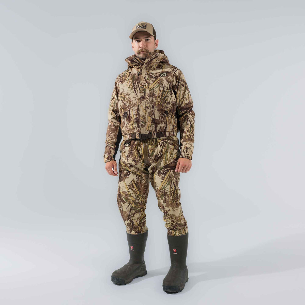 Men's tan and green camouflage hooded waders with integrated boots.