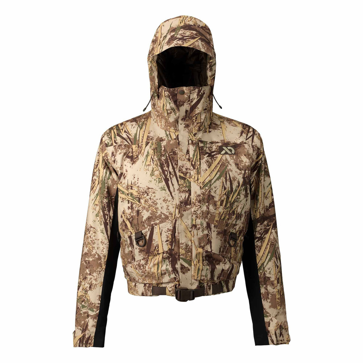 Hooded jacket in tan and brown marsh camouflage, featuring black side panels and a belted waist.