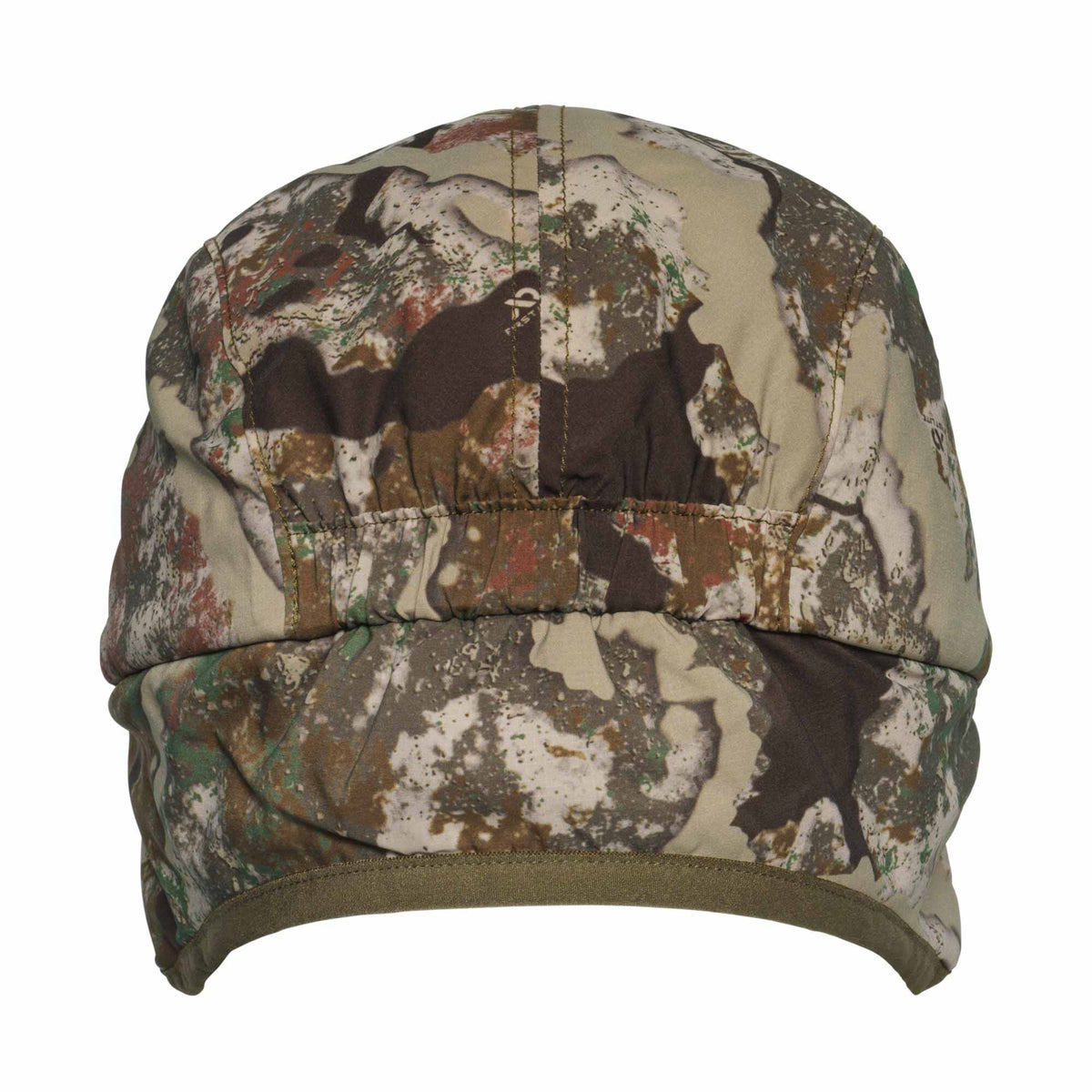 Rear view of a tan, brown, and green camouflage cap with an elasticized back.