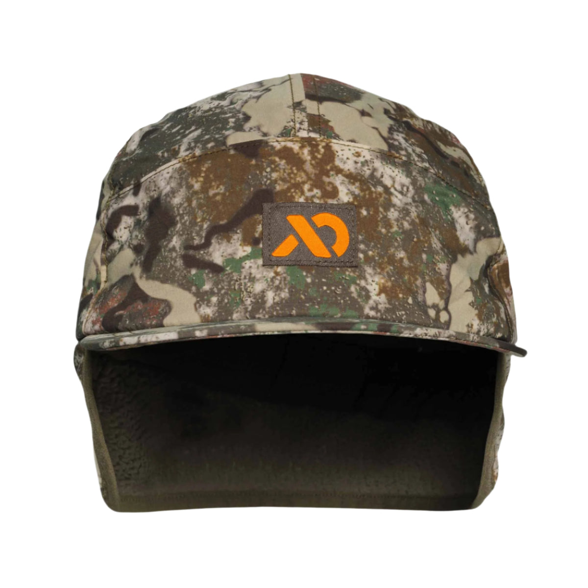 Camouflage earflap hat with an orange logo and dark fleece-lined ear flaps.