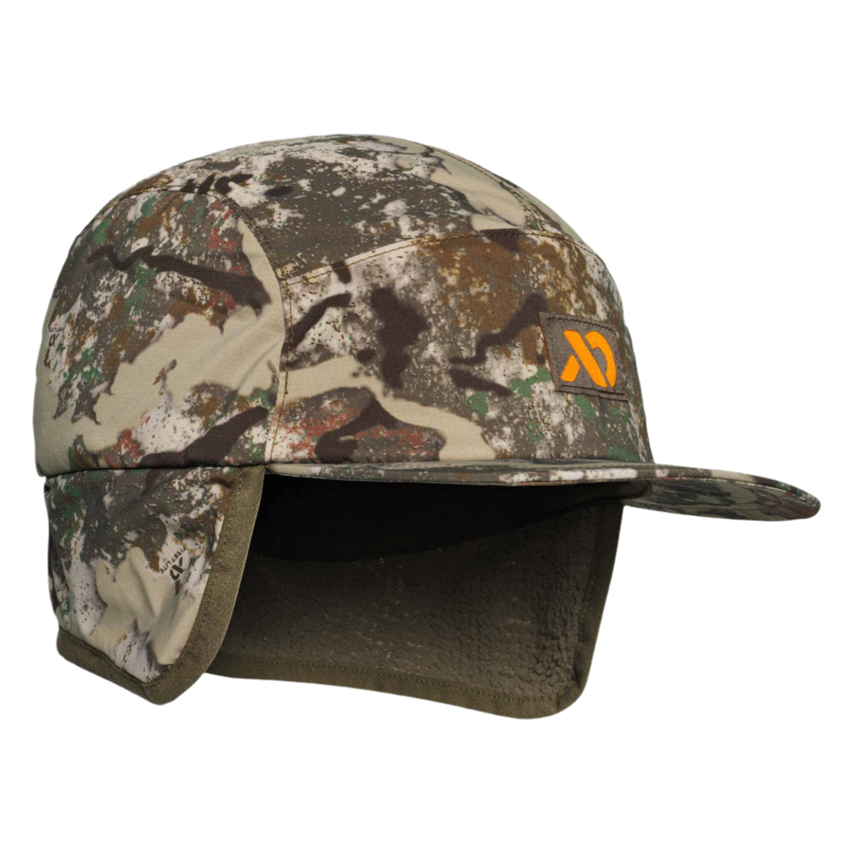 Camouflage cold weather cap with dark olive fleece ear flaps and an orange logo.