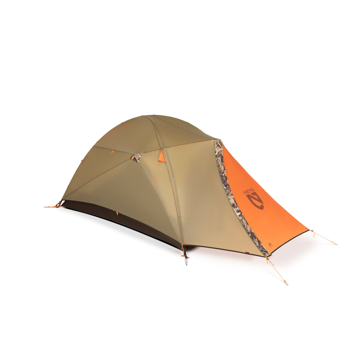 A khaki dome tent with an orange front panel featuring a NEMO logo and camouflage trim.