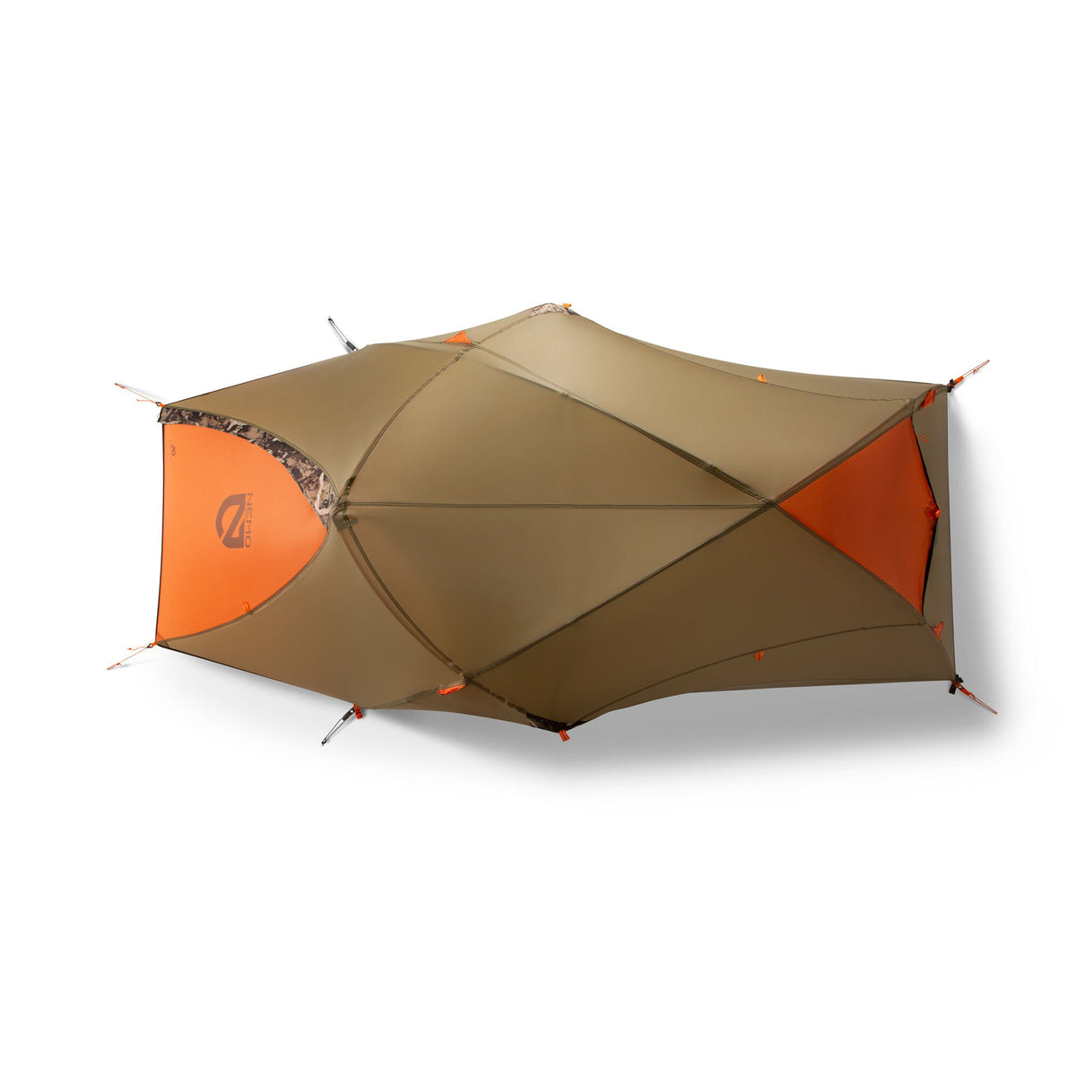 Olive green multi-paneled camping tent with orange end panels, camouflage trim, and a visible Nemo logo.