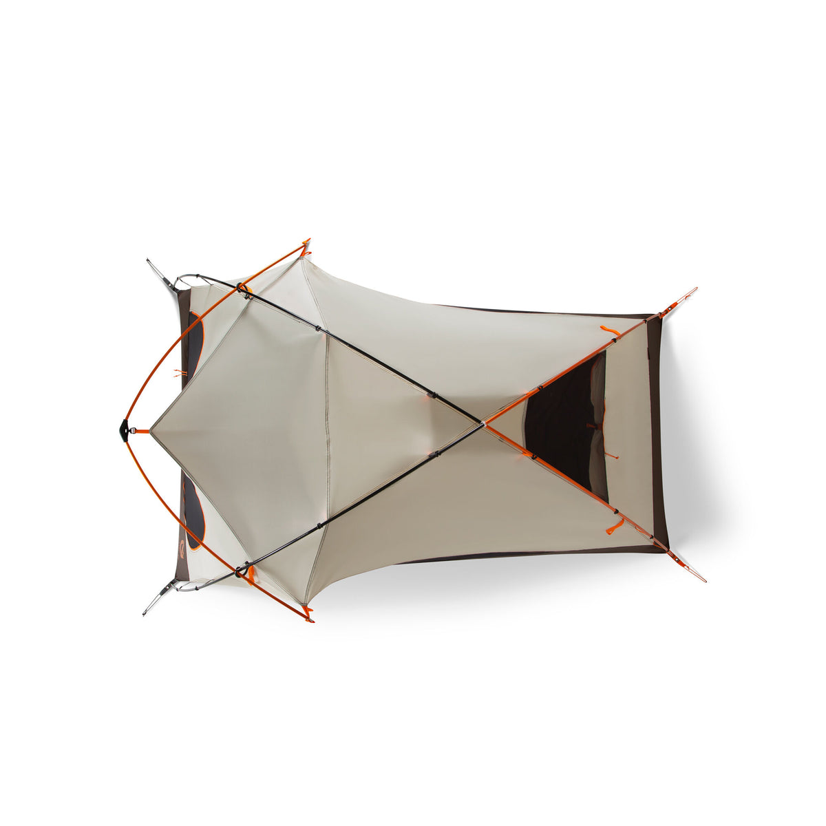 An overhead view of a light tan and dark brown camping tent, fully erected with orange and black support poles.