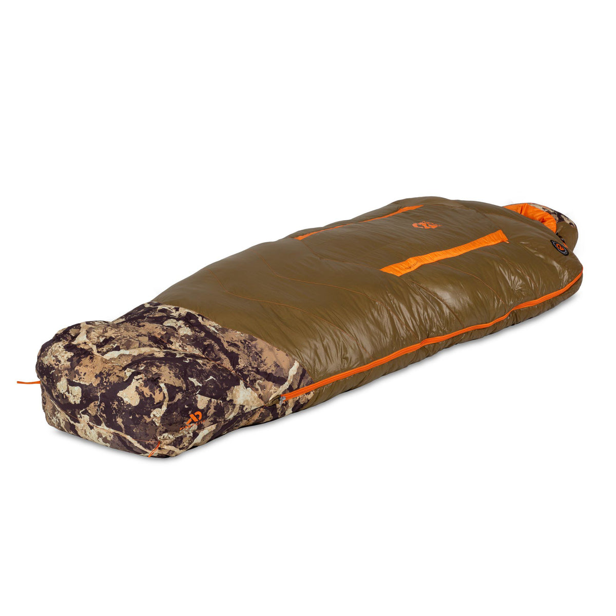 Olive green sleeping bag with bright orange zippers and camouflage pattern on head and foot sections.