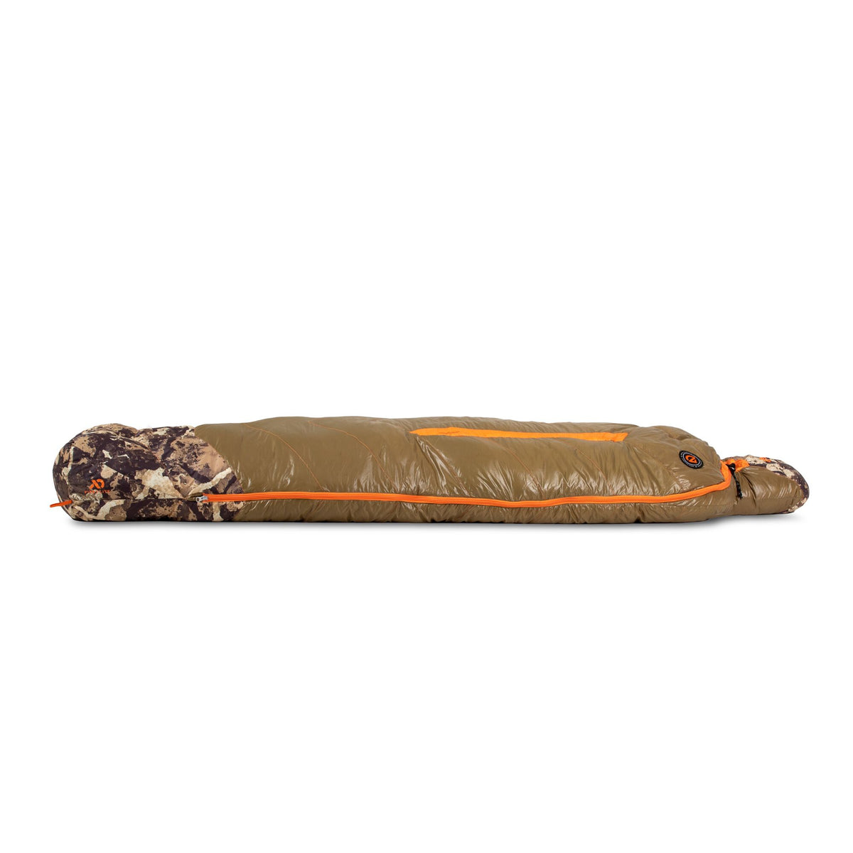 Olive green sleeping bag with bright orange zippers and camouflage pattern on head and foot sections.