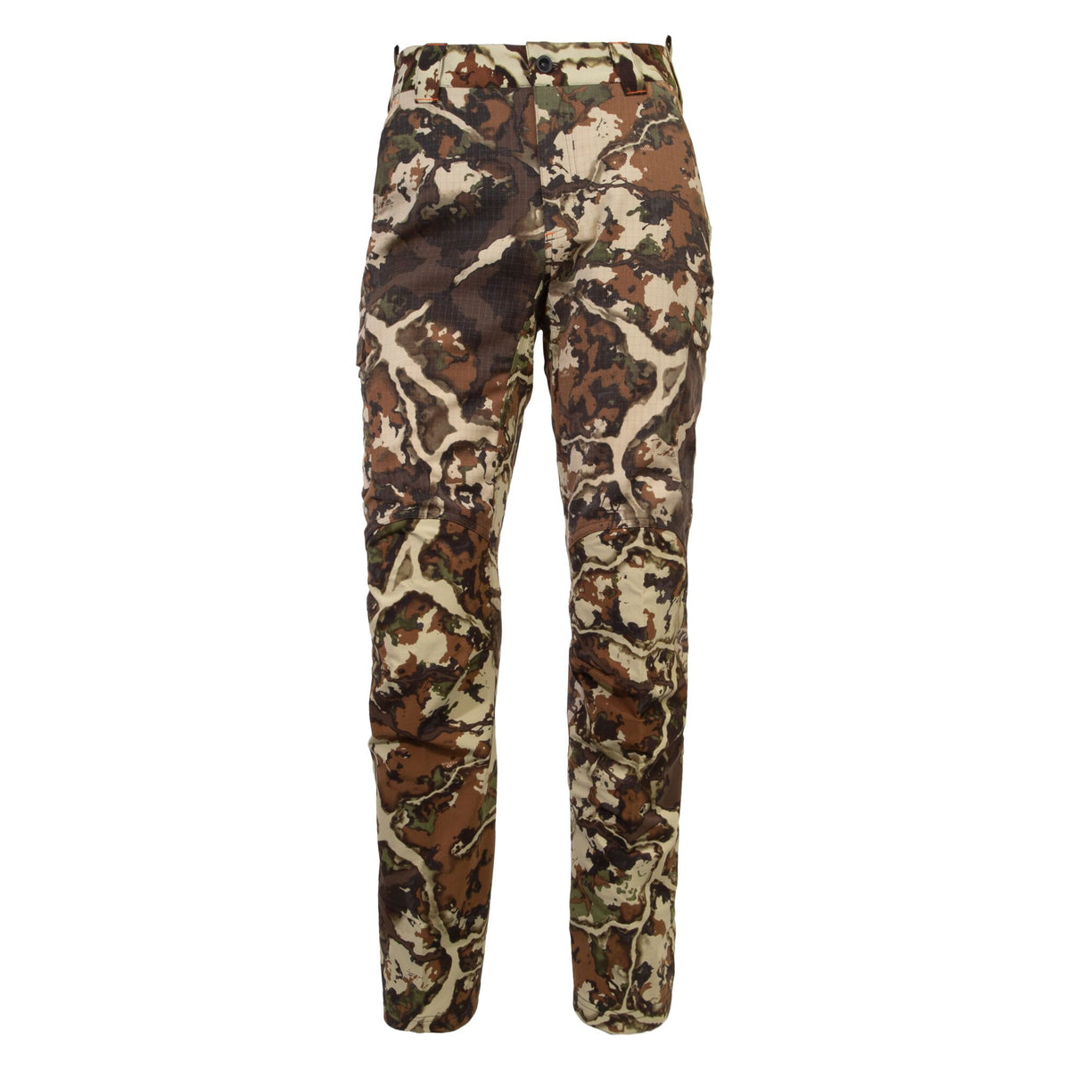 Outdoor pants in a brown, green, and tan camouflage pattern, with a button closure and reinforced knees.